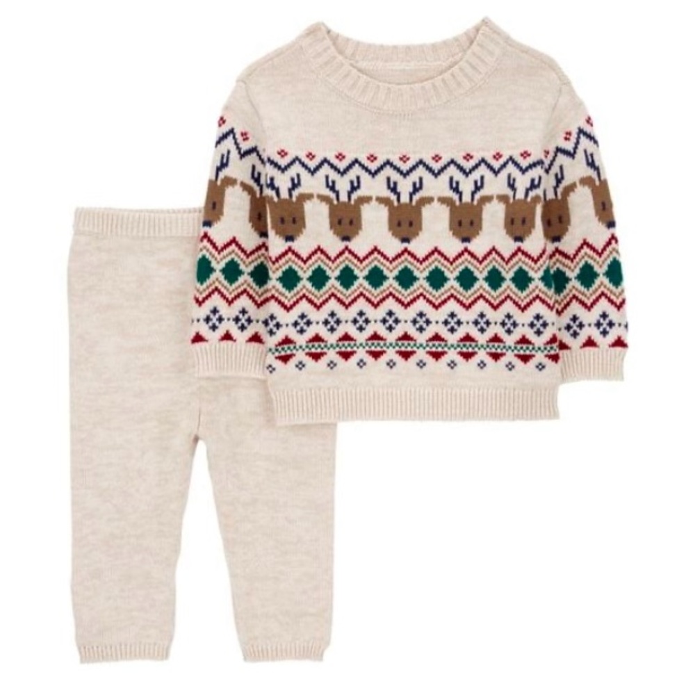 Festive Reindeer Knit Sweater and Pants Set for Baby